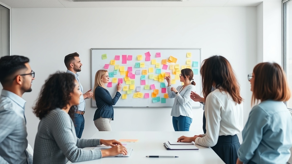 화이트보드에 다양한 색상의 포스트잇을 붙여가며 여러 가지 아이디어와 계획을 비교 분석하고 있는 회의실 장면
