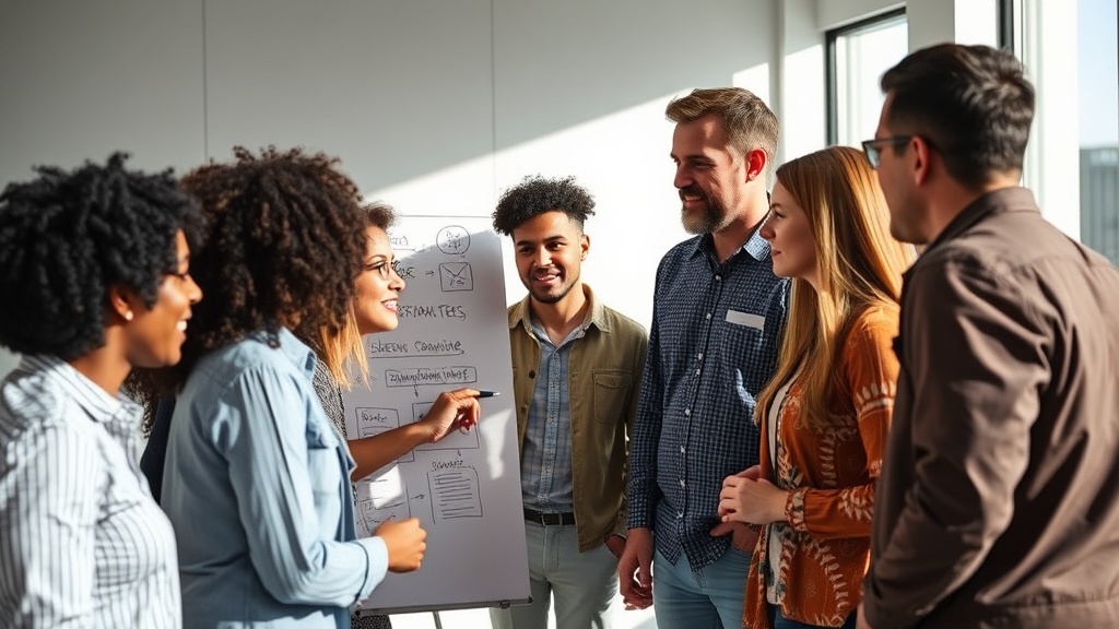 비즈니스 전략 수립을 위해 화이트보드 앞에서 토론하는 팀원들의 모습